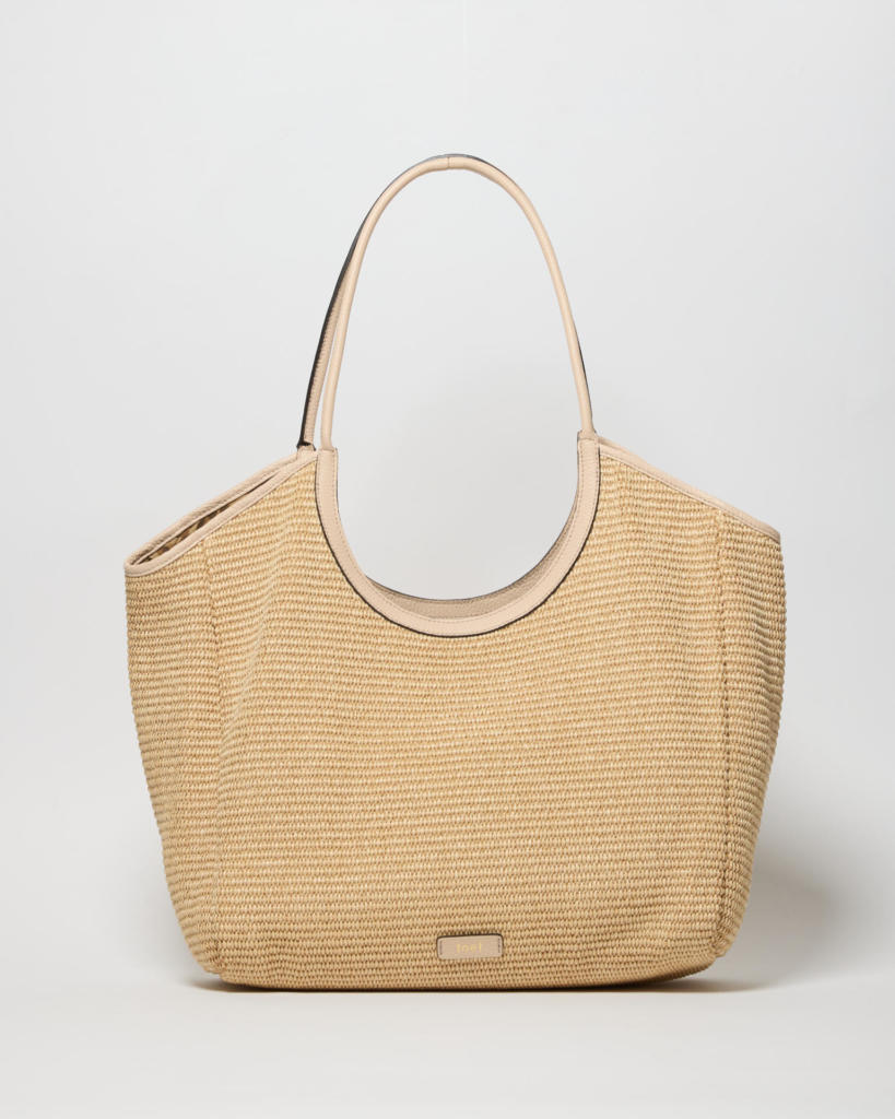 Nicole shopper in rafia naturale  e pelle martellata beige