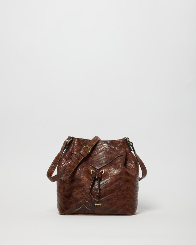 Nina secchiello in pelle stampa intreccio color cognac