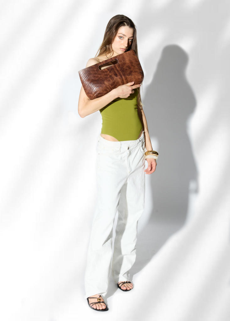 Dalia clutch in pelle stampa intreccio cognac
