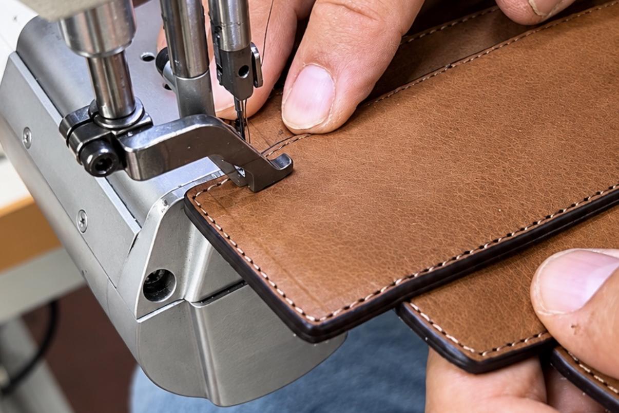 Cucitura artigianale di una borsa IOEF in pelle, produzione Made in Italy in Toscana
