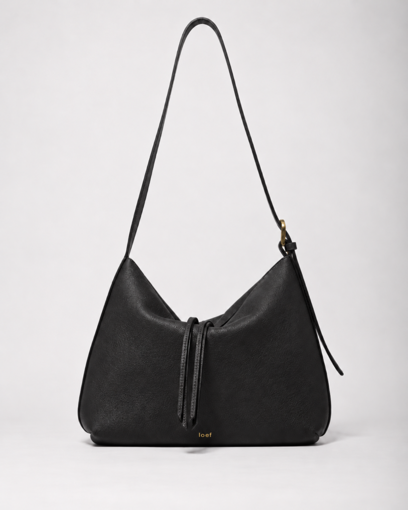 Ingrid Hobo Bag in Pelle Martellata a Grana Fine Nera, Made in Italy